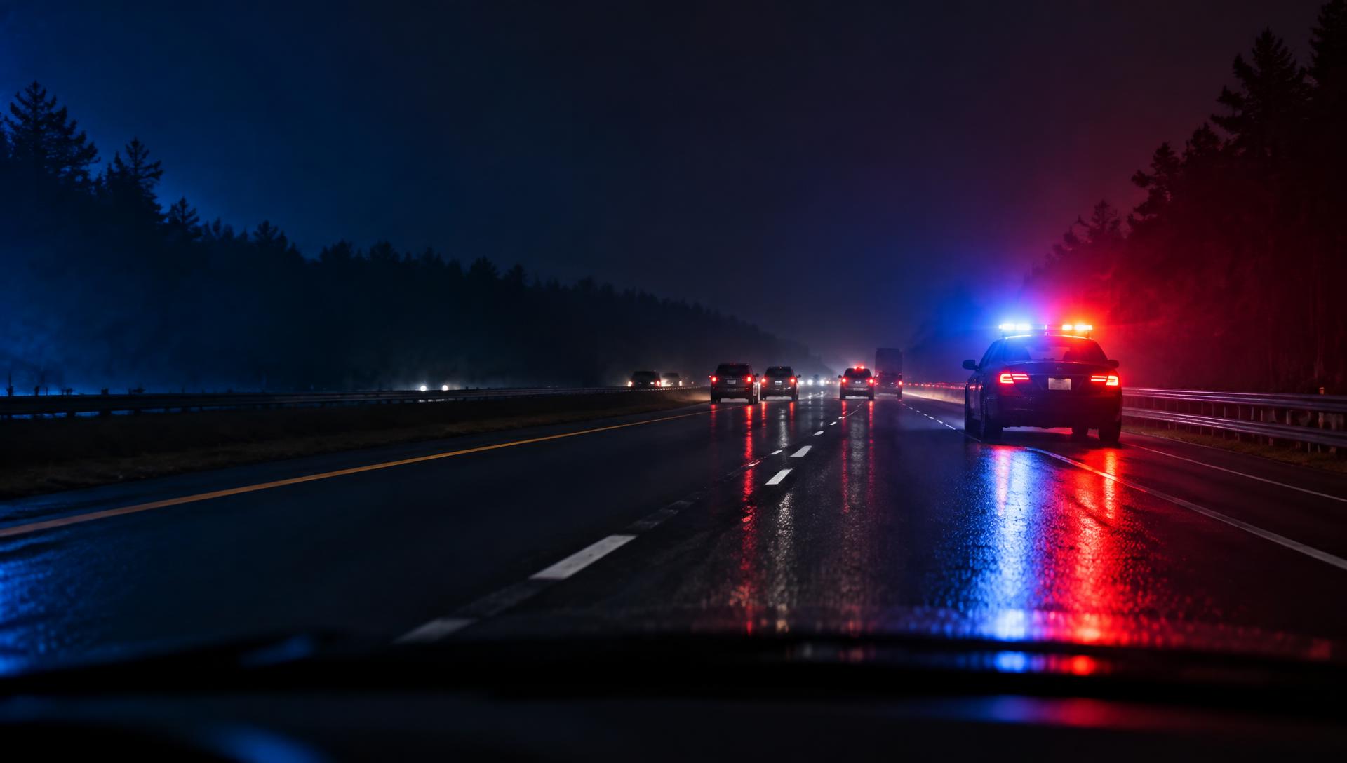 Wet interstate at night illuminated by distant red and blue emergency lights
